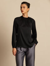 [Black] SilkSilky-AU 19Momme Stretch Silk Charmeuse Long Sleeve Round Neck Blouse 004