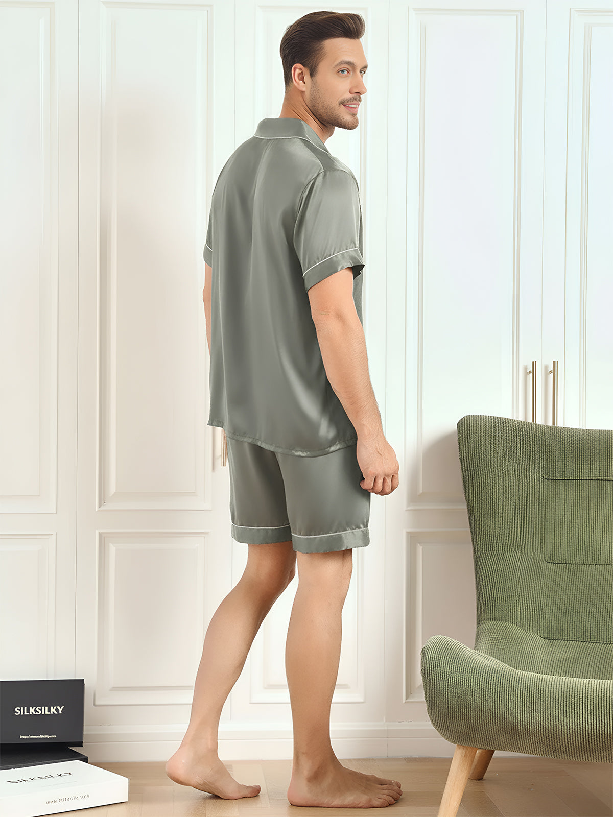 [Grayish Green] SilkSilky-AU Pure Silk Mens Pajamas 002