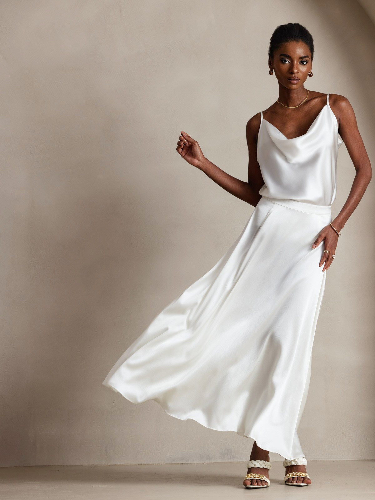 [White] SilkSilky-AU 19Momme Silk Spaghetti Strap Cowl Neck Camisole 006