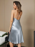 SilkSilky-AU Pure Silk Sleeveless V Neck Nightgown GrayishBlue 002