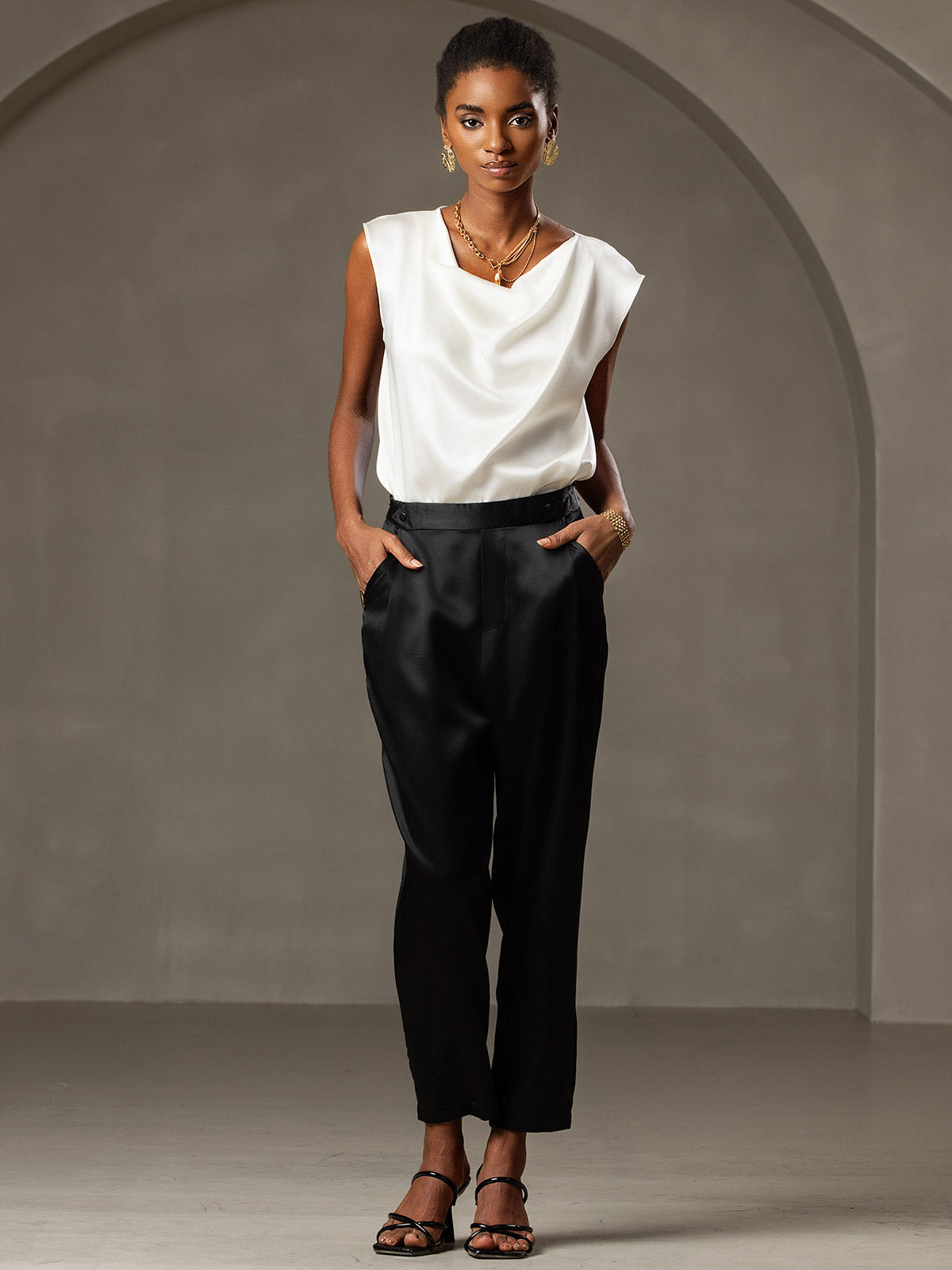 [White] SilkSilky-AU 19Momme Silk Sleeveless Cowl Neck Women's T-Shirt 006