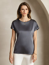 [Dark Gray] SilkSilky-AU 19Momme Stretch Silk Charmeuse Short Sleeve Boat Neck Women's T-Shirt 001