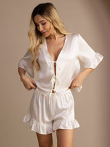 [White] SilkSilky-AU Short Sleeve V Neck Women's Pyjamas 003