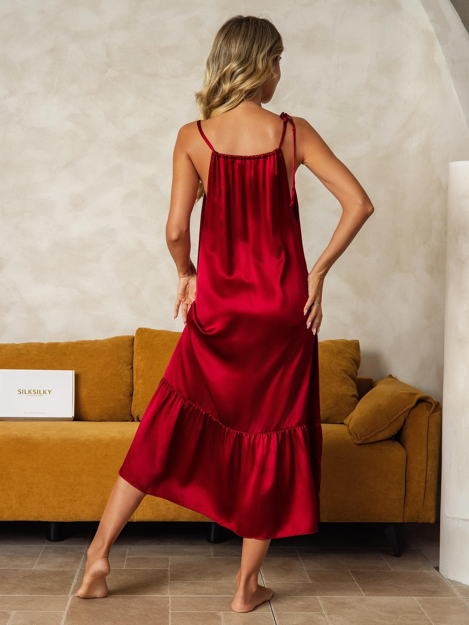 [Wine] SilkSilky-AU Pure Silk Keyhole Neck Nightgown 002