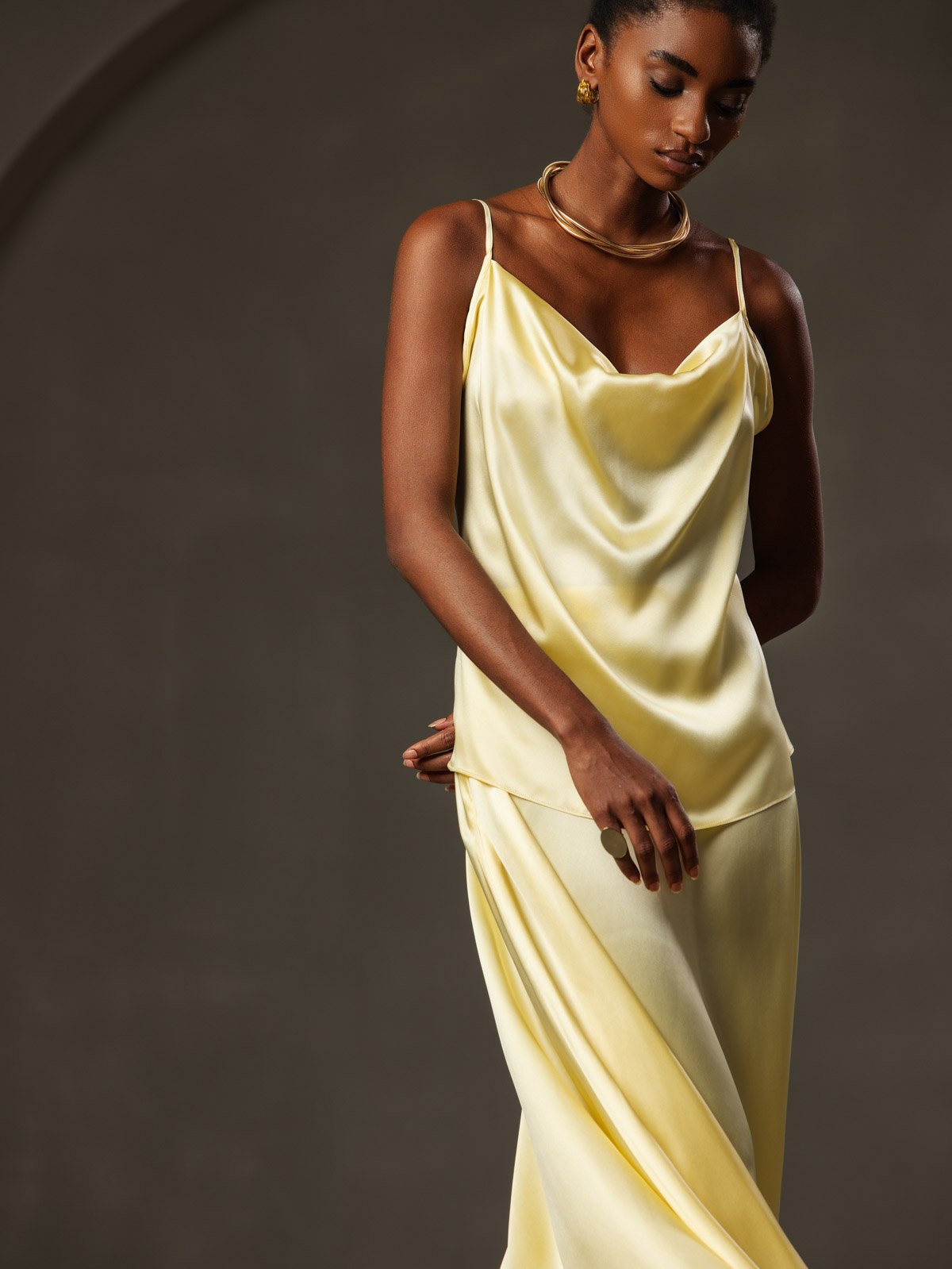 [Yellow] SilkSilky-AU 19Momme Silk Spaghetti Strap Cowl Neck Camisole 001