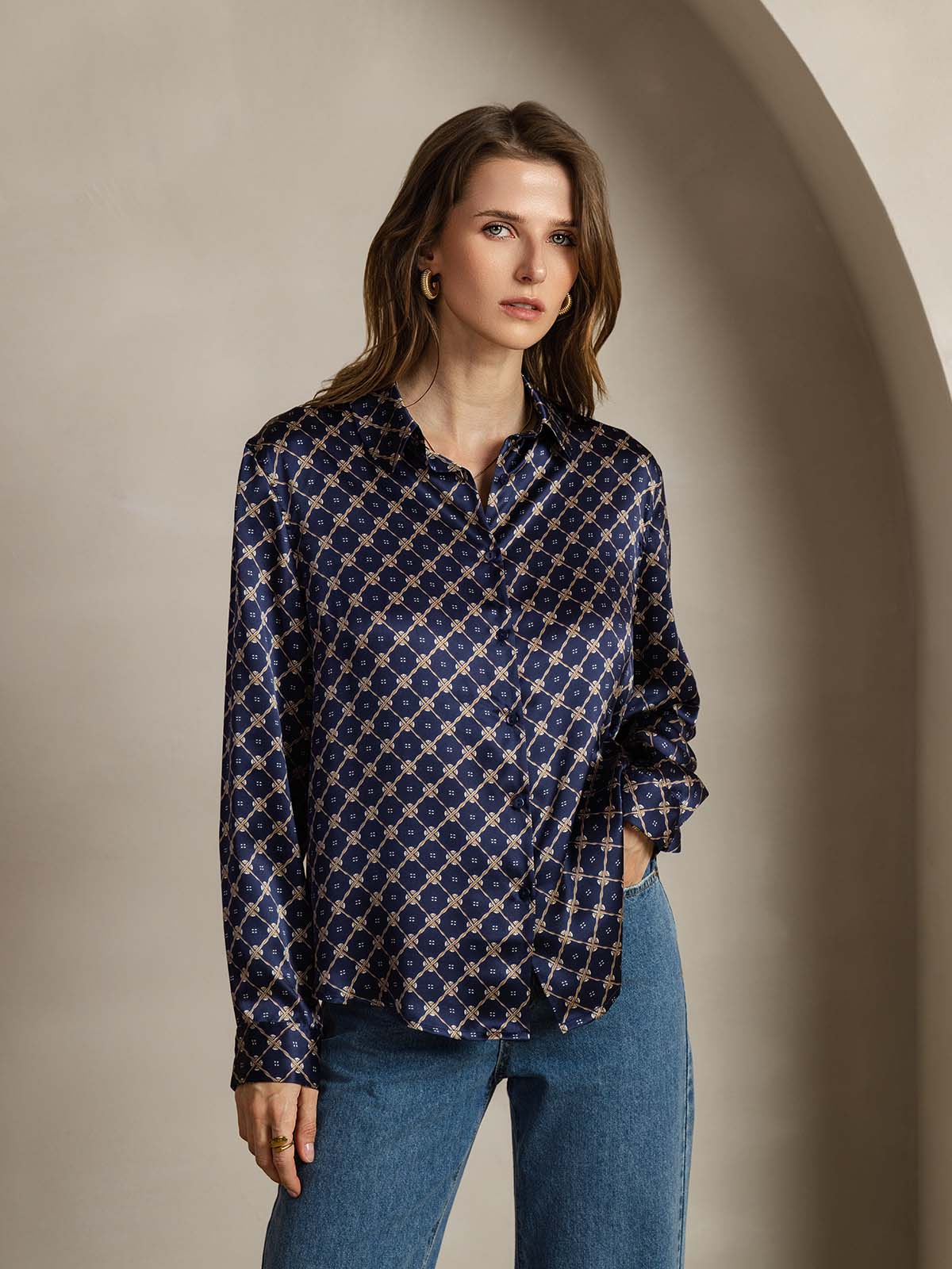 [Navy Chain] SilkSilky-AU Silk Long Sleeve Lapel Collar Women's Shirt 001