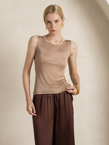 [Coffee] SilkSilky-AU 100% Silk Jersey Sleeveless Round Neck Women's T-Shirt 006