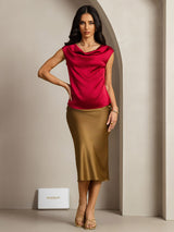 [Wine] SilkSilky-AU Cap Sleeve Cowl Neck Women's T-Shirt 003