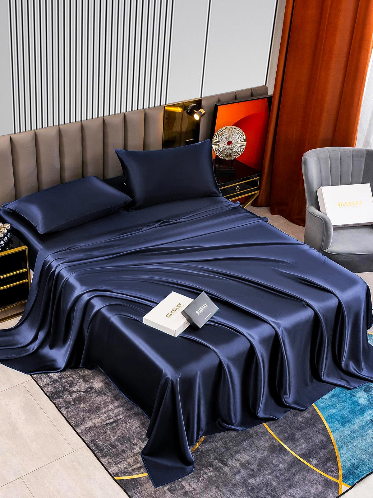 SilkSilky AU 22Momme Pure Silk Bedding Set DarkBlue 002