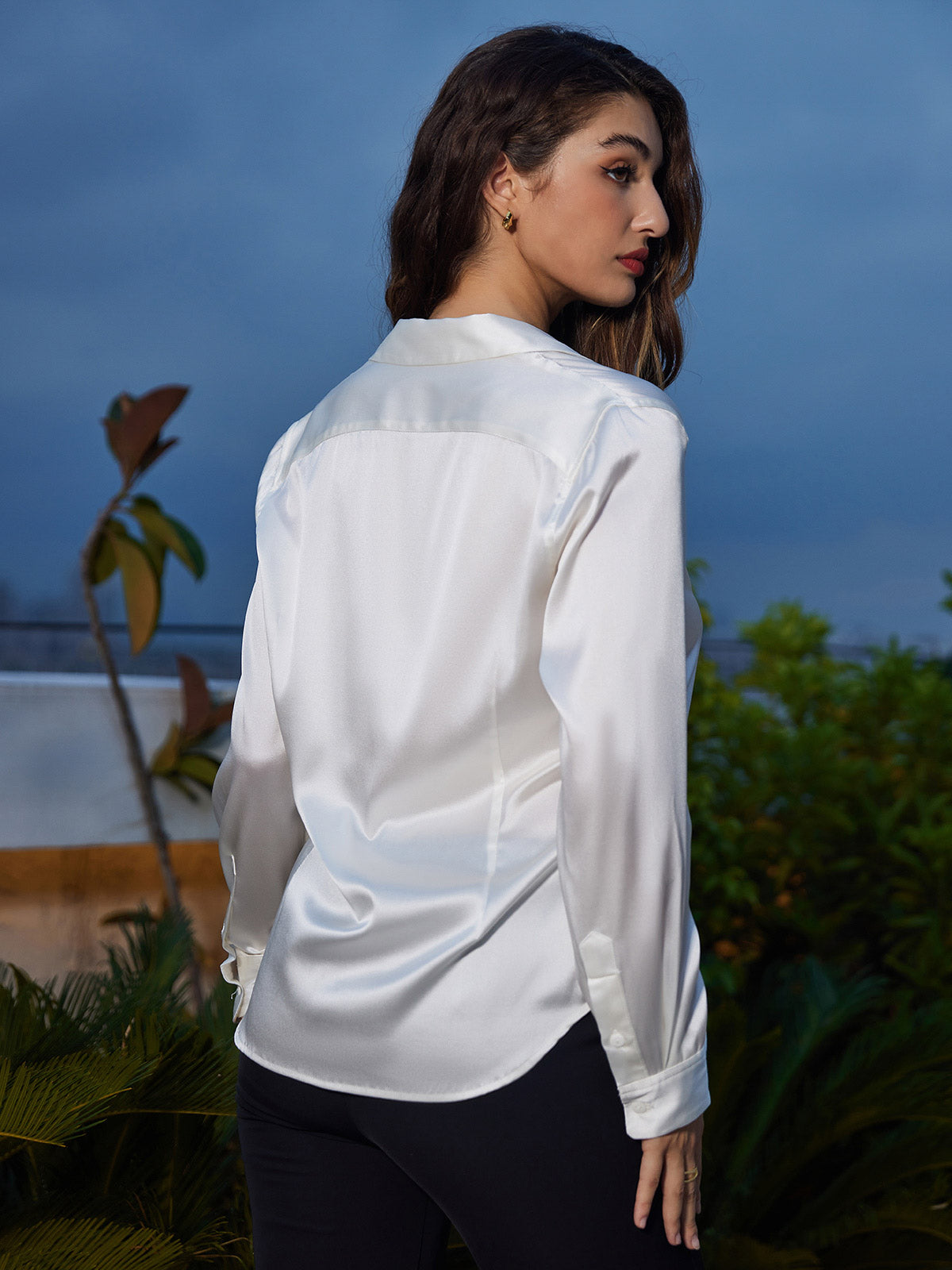 [White] SilkSilky-AU 19Momme Stretch Silk Charmeuse Long Sleeve Lapel Collar Women's Shirt 002