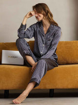 [Navy Ginkgo] SilkSilky-AU Pure Silk Notch Collar Women's Pyjamas 003,