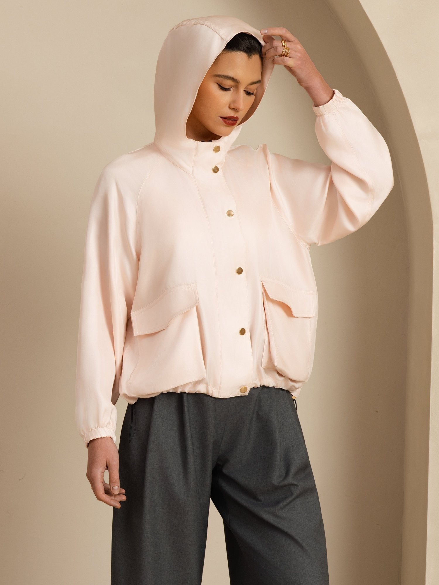 [Pink] SilkSilky-AU Silk Satin Surah Long Sleeve High Neck Women's Outerwear 001