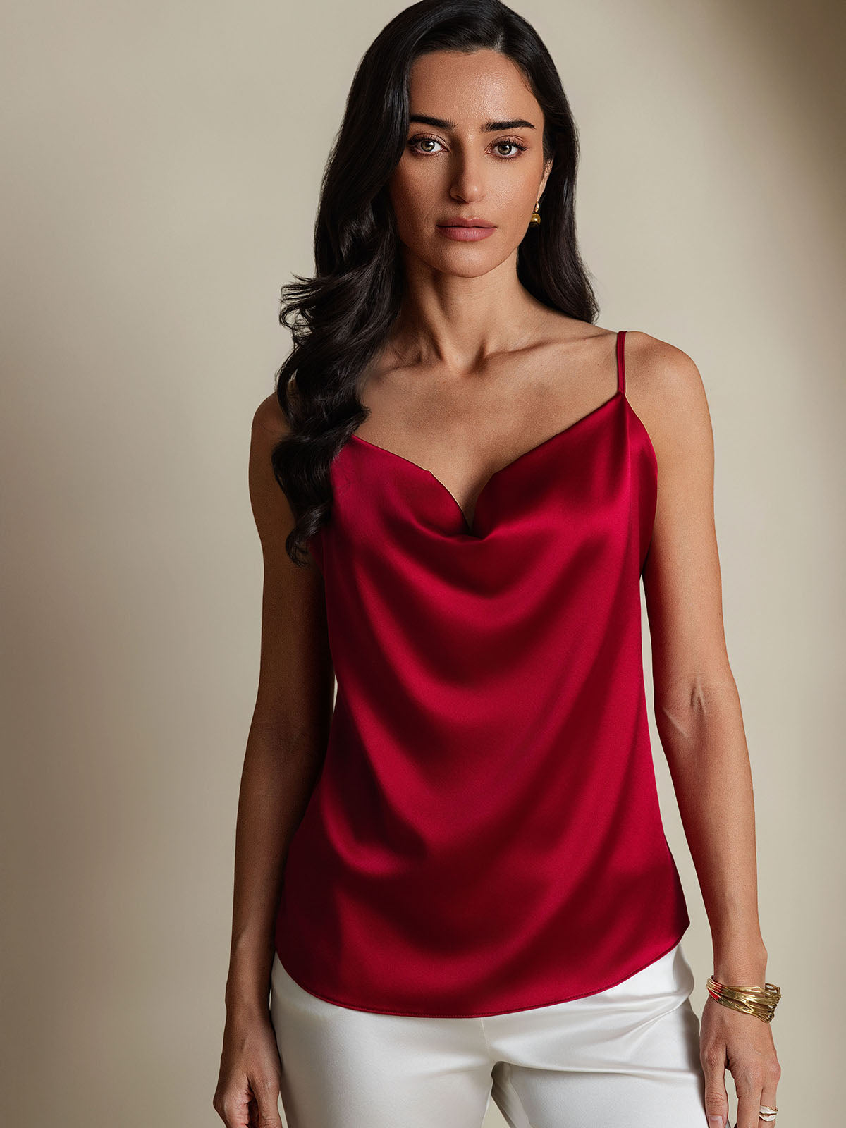 [Wine] SilkSilky-AU Spaghetti Strap Cowl Neck Camisole 001