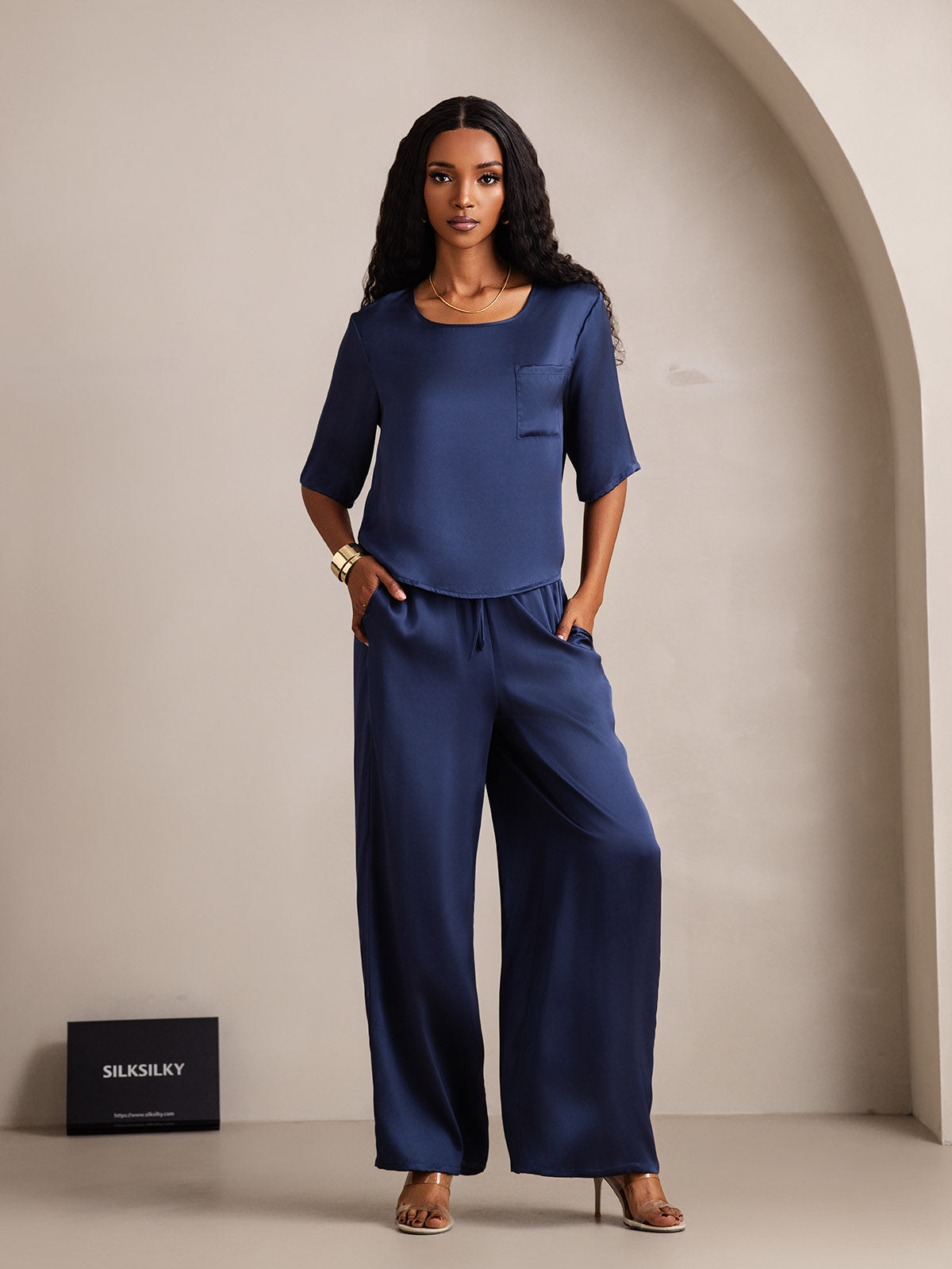 [Dark Blue] SilkSilky-AU Pure Silk Round Neck Women's Pyjamas 001