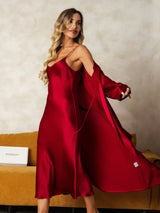 [Wine] SilkSilky-AU Long Sleeve V Neck Nightgown&Dressing Gown Set 007