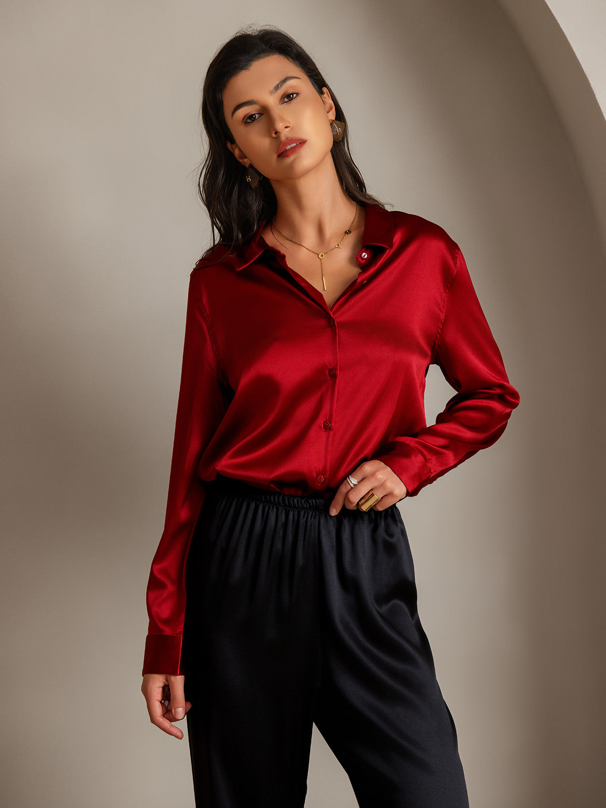[Red] SilkSilky-AU 19Momme Stretch Silk Charmeuse Long Sleeve Lapel Collar Women's Shirt 004