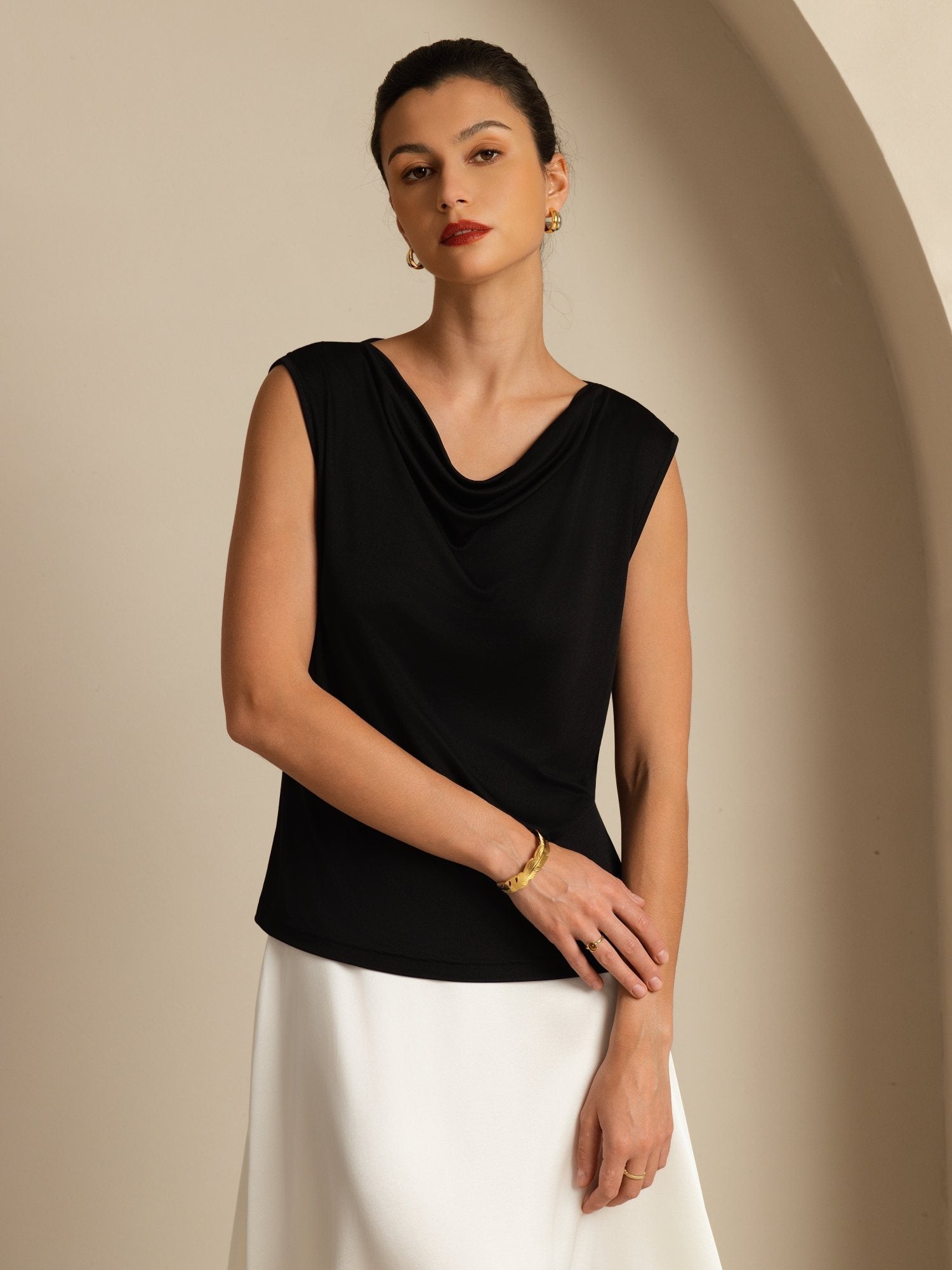 [Black] SilkSilky-AU 100% Silk Jersey Sleeveless Cowl Neck Women's T-Shirt 004