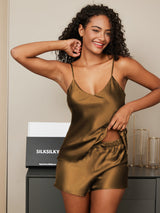[Coffee] SilkSilky-AU Spaghetti Strap V Neck Camisole Set 004