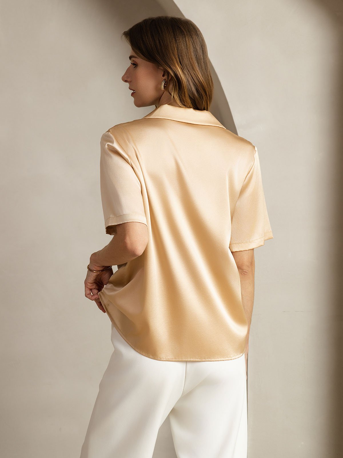 [Champagne] SilkSilky-AU 19Momme Silk Notched Neck Women's Shirt 002