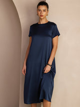 [Dark Blue] SilkSilky-AU Short Sleeve Crew Neck Dress 006