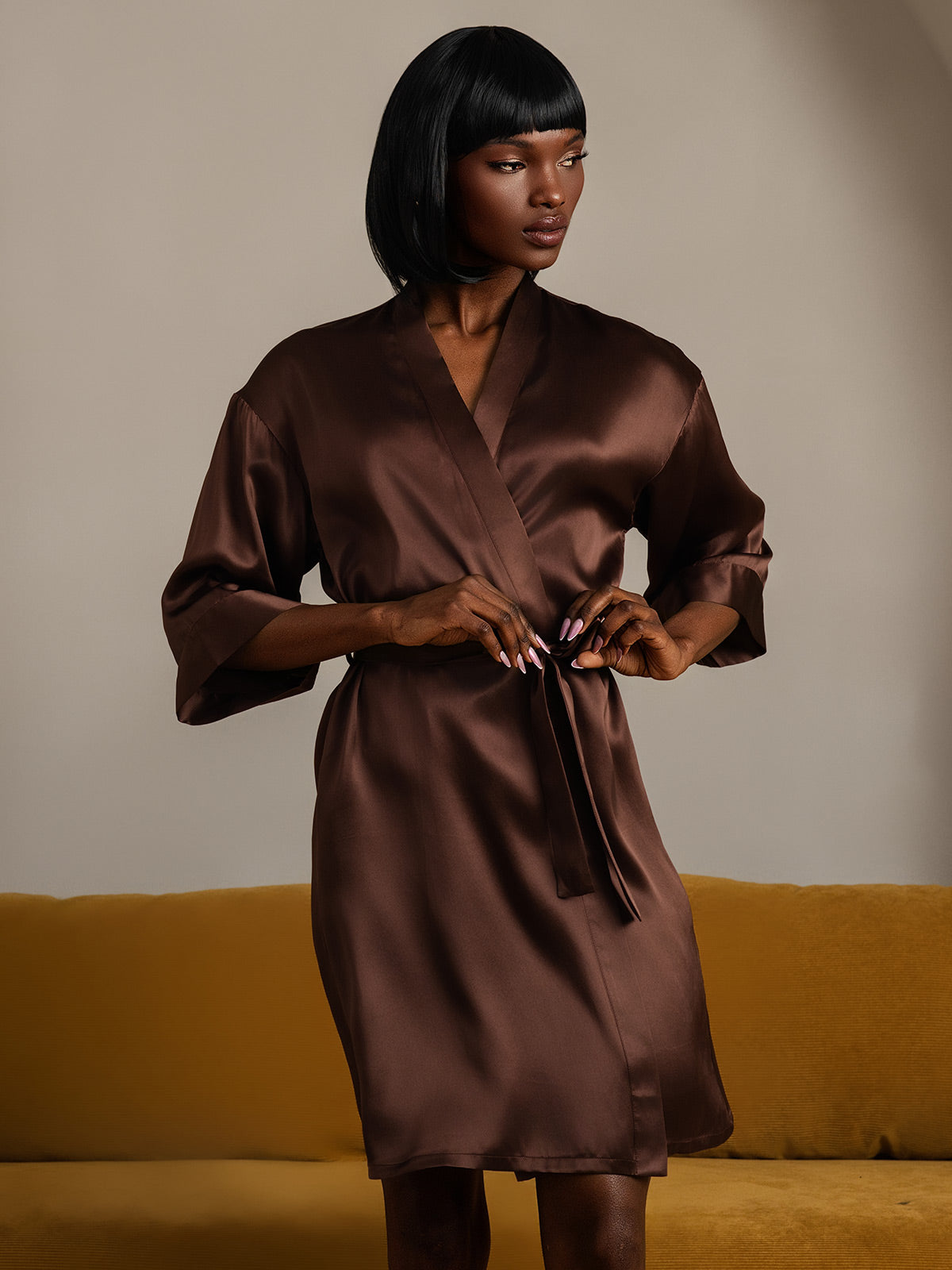 [Coffee] SilkSilky-AU Pure Silk Womens Robe 005