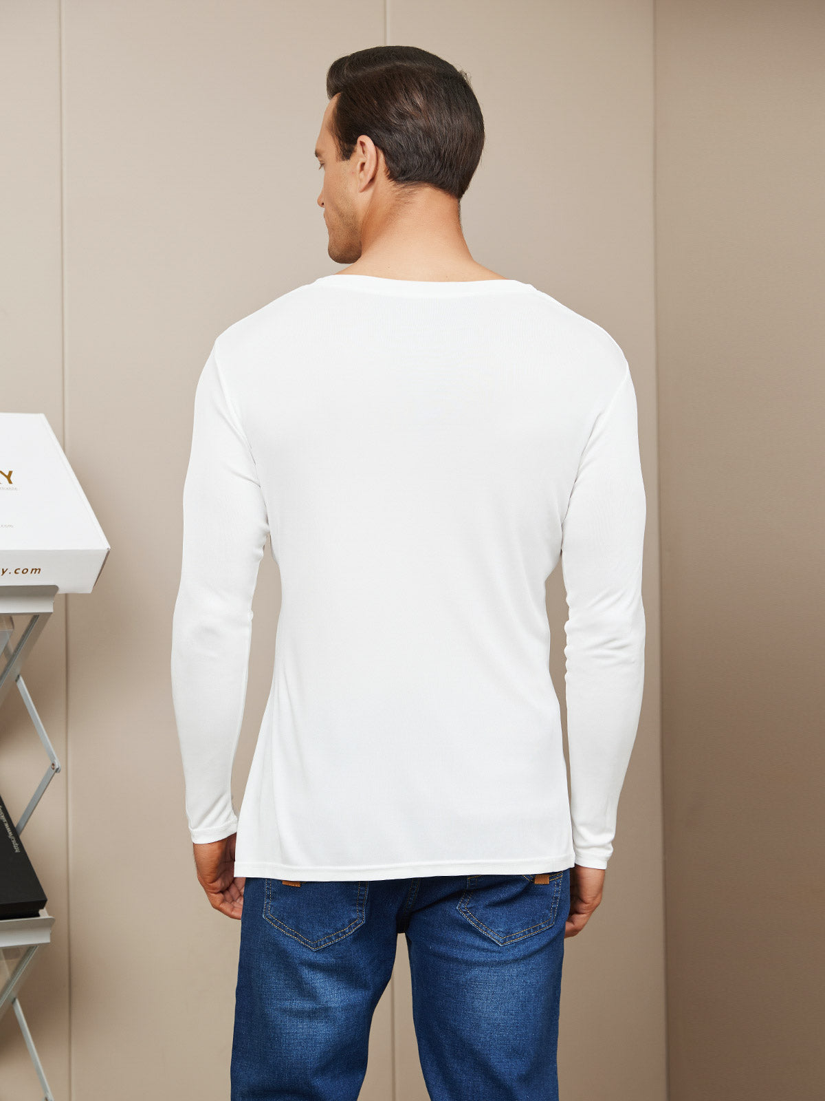 SilkSilky AU Silk Knitted Long Sleeve V Neck Men's T Shirt White 002