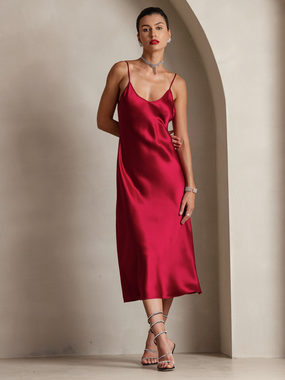 [Wine] SilkSilky-AU Spaghetti Strap V Neck Dress 001