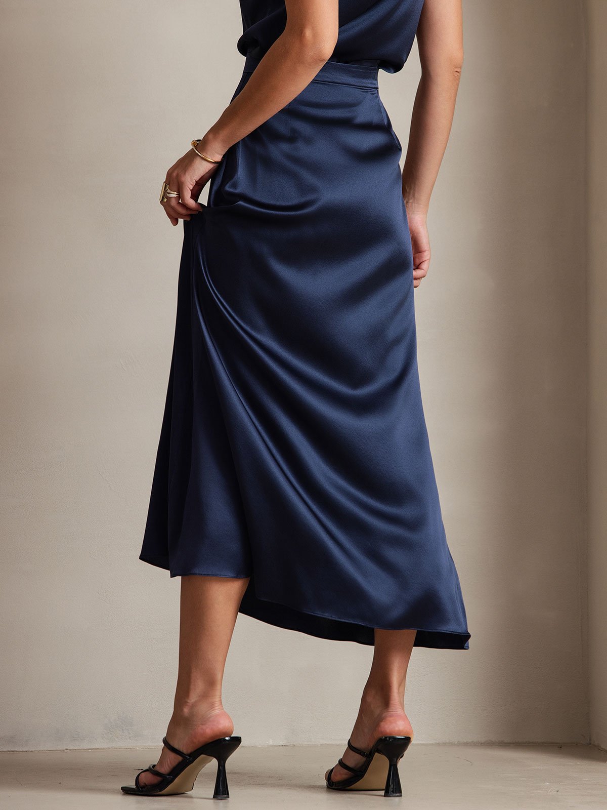 [Dark Blue] SilkSilky-AU 19Momme Stretch Silk Charmeuse Skirt 002