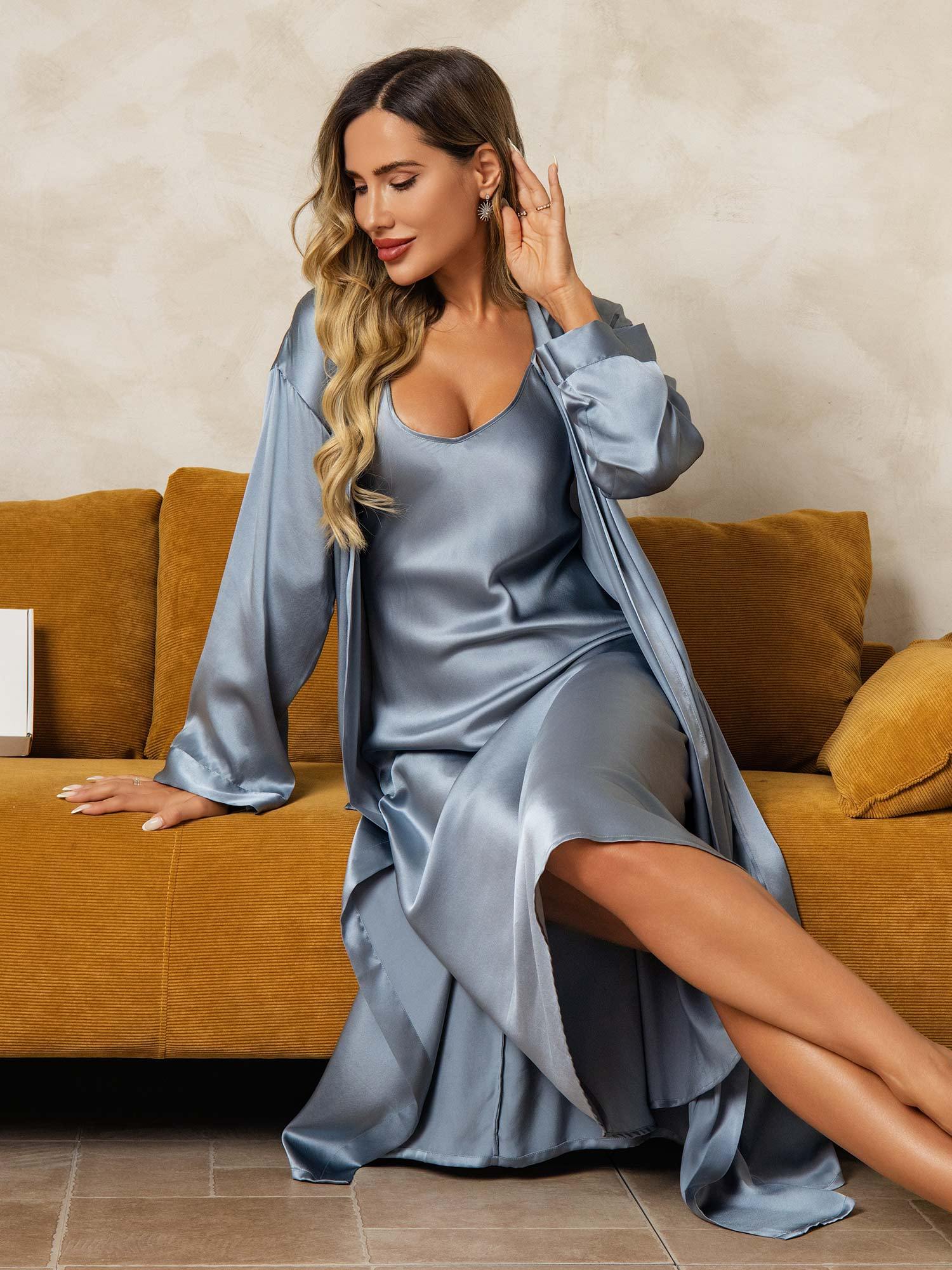 [GrayishBlue] SilkSilky-AU Pure Silk V Neck Nightgown&Dressing Gown Set 009