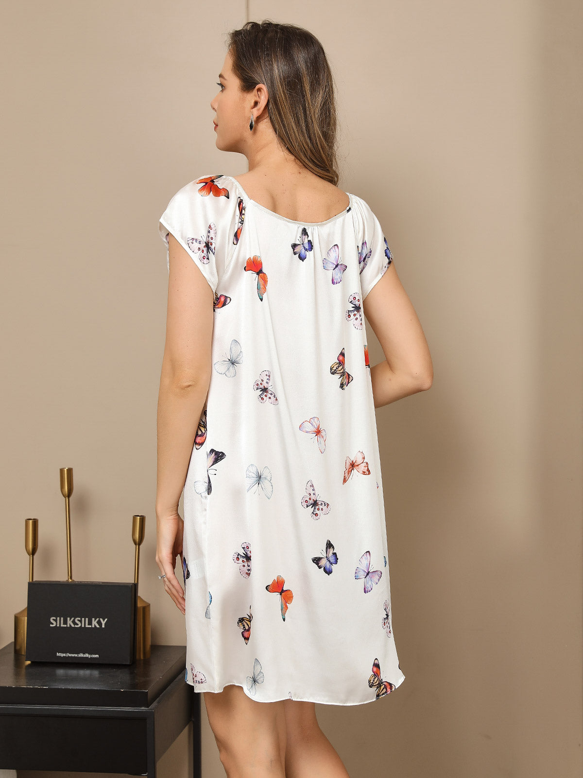 [White Butterfly] SilkSilky-AU Pure Silk Tie Neck Nightgown 007