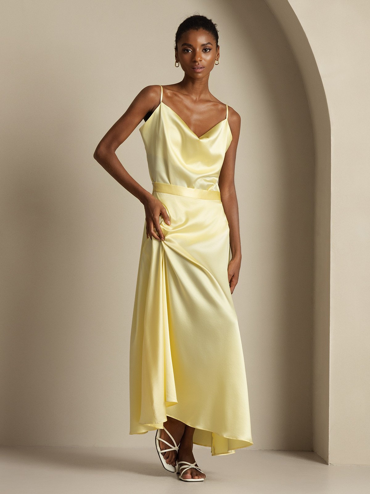 [Light Yellow] SilkSilky-AU 19Momme Silk Knitted Cowl Neck Women''s Outfit Sets 005,