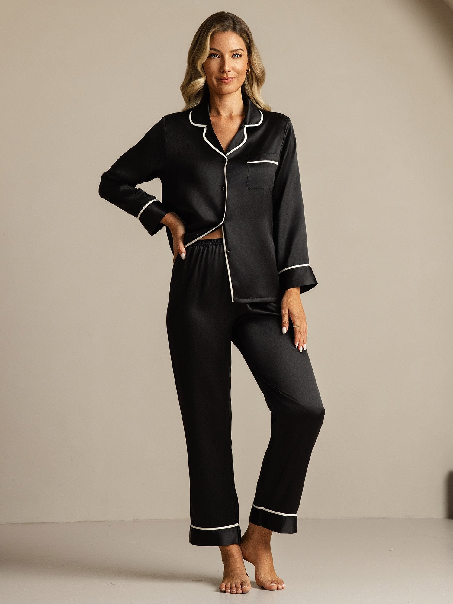[Black] SilkSilky-AU Pure Silk Lapel Collar Women's Pyjamas 006