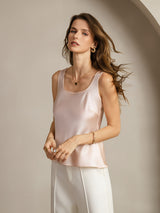 [Pink] SilkSilky-AU 19Momme Stretch Silk Charmeuse Sleeveless Scoop Neck Camisole 006