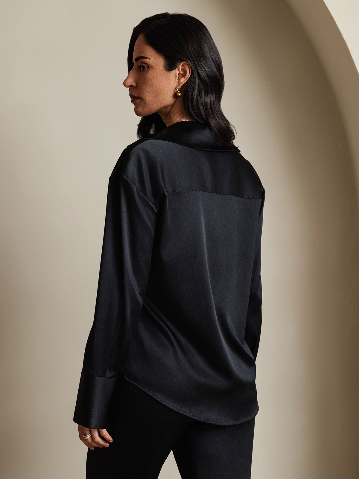 SilkSilky-AU 19Momme Silk Long Sleeve Lapel Women's Shirt Black 002
