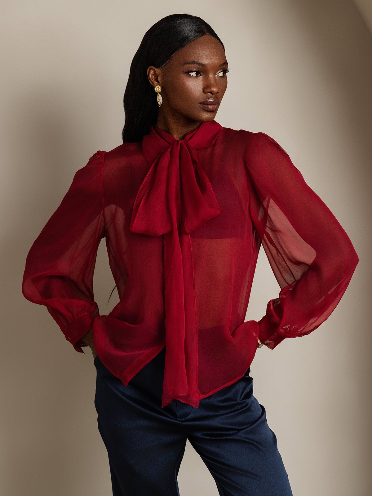 SilkSilky-AU Pure Silk Long Sleeve Tie Neck Women's Shirt Wine 001