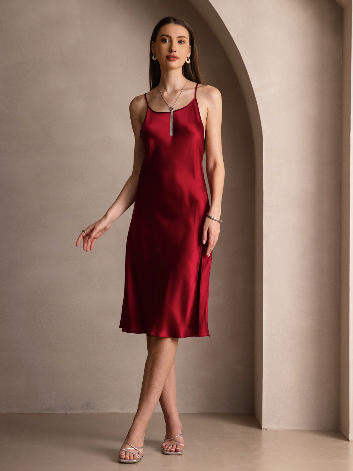 [Wine] SilkSilky-AU Pure Silk Round Neck Dress 005