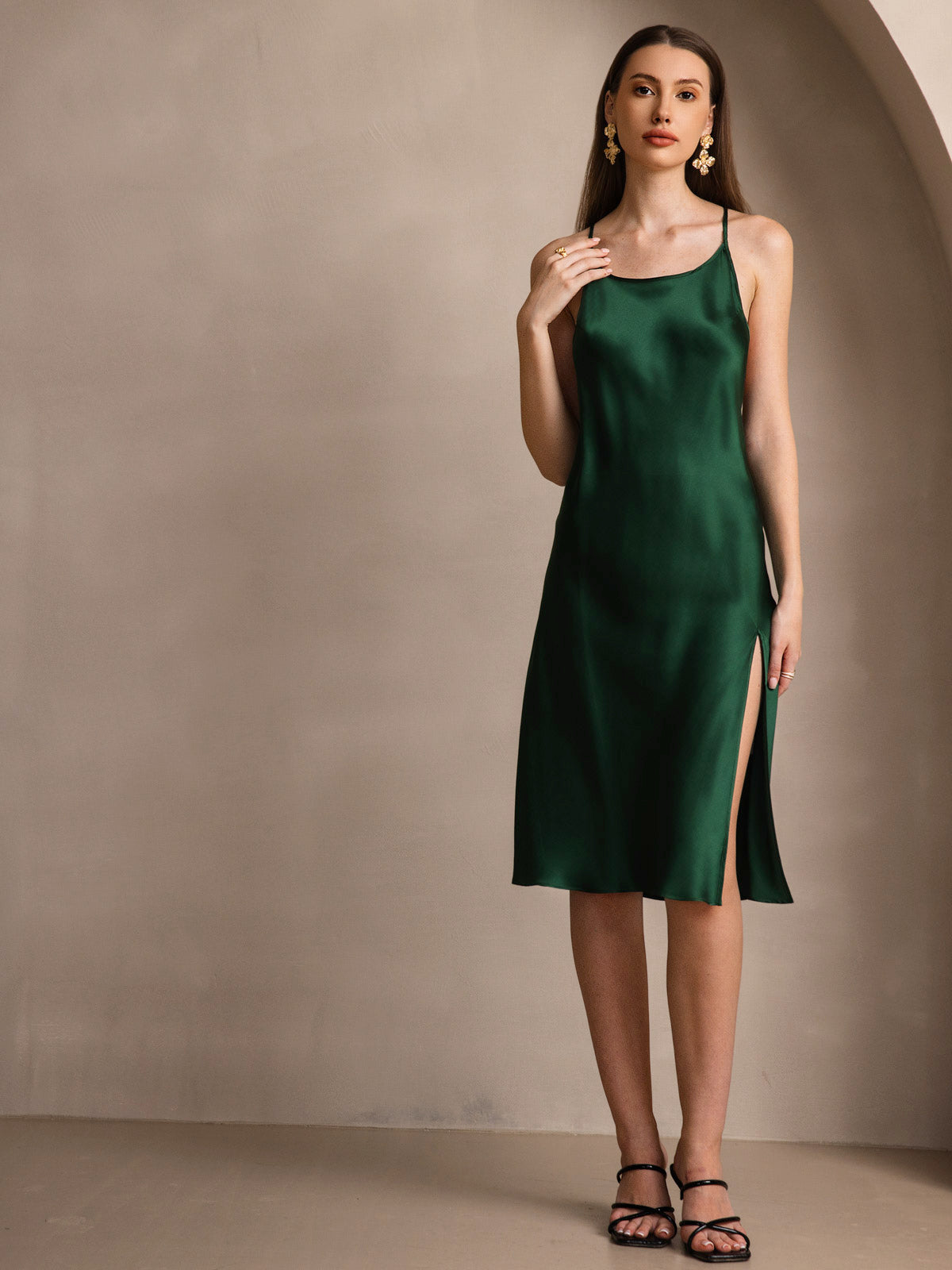 [Dark Green] SilkSilky-AU Pure Silk Round Neck Dress 004