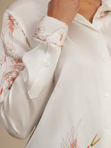 [White] SilkSilky-AU 19Momme Long Sleeve Lapel Collar Women's Shirt 006