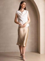 [White] SilkSilky-AU Cap Sleeve Cowl Neck Women's T-Shirt 007