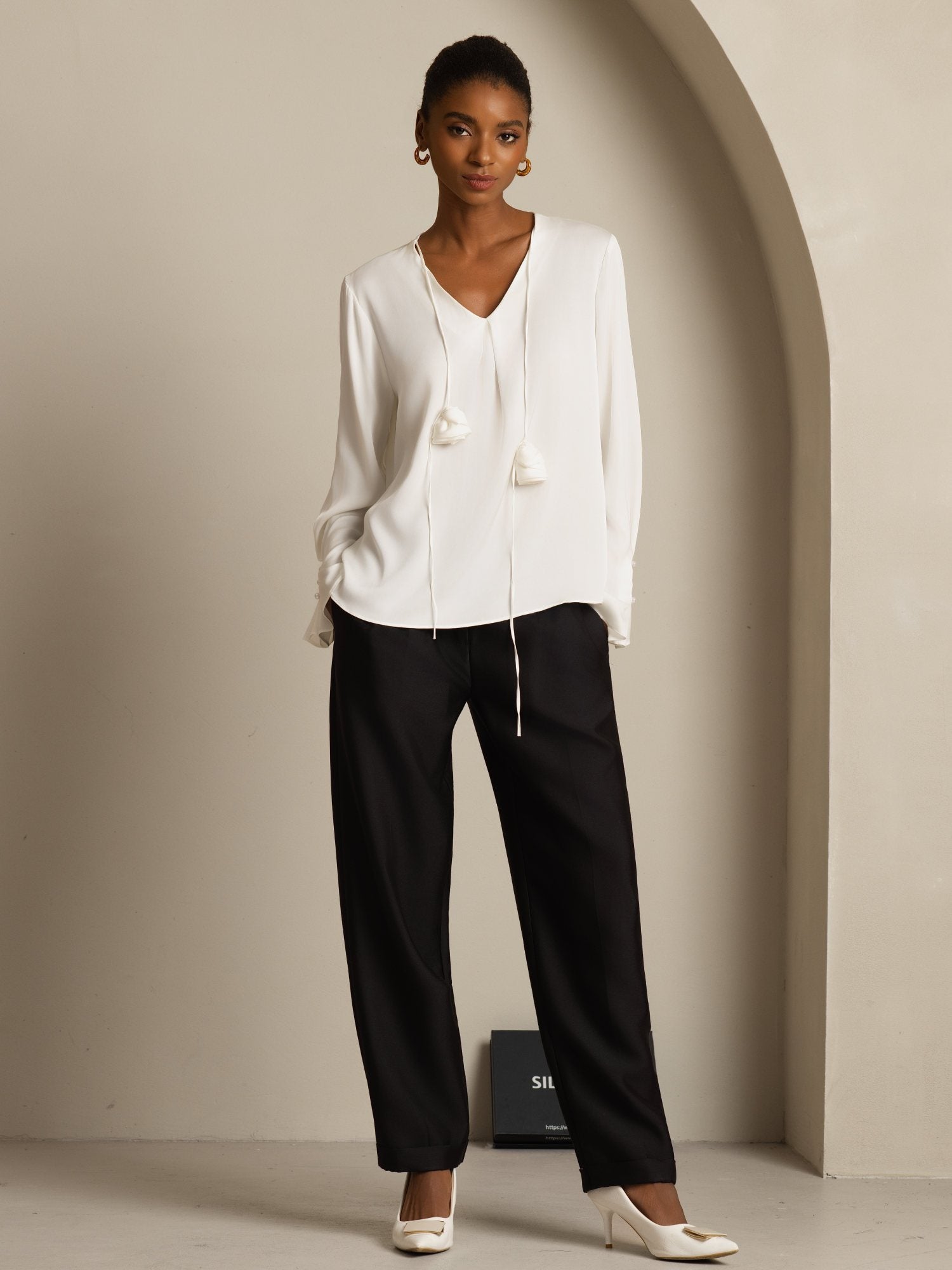 [White] SilkSilky-AU 19Momme Stretch Silk Double Georgette Long Sleeve V Neck Blouse 008