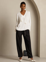 [White] SilkSilky-AU 19Momme Stretch Silk Double Georgette Long Sleeve V Neck Blouse 008