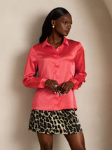 [Imperial Red] SilkSilky-AU 19Momme Stretch Silk Charmeuse Long Sleeve Lapel Collar Women's Shirt 006