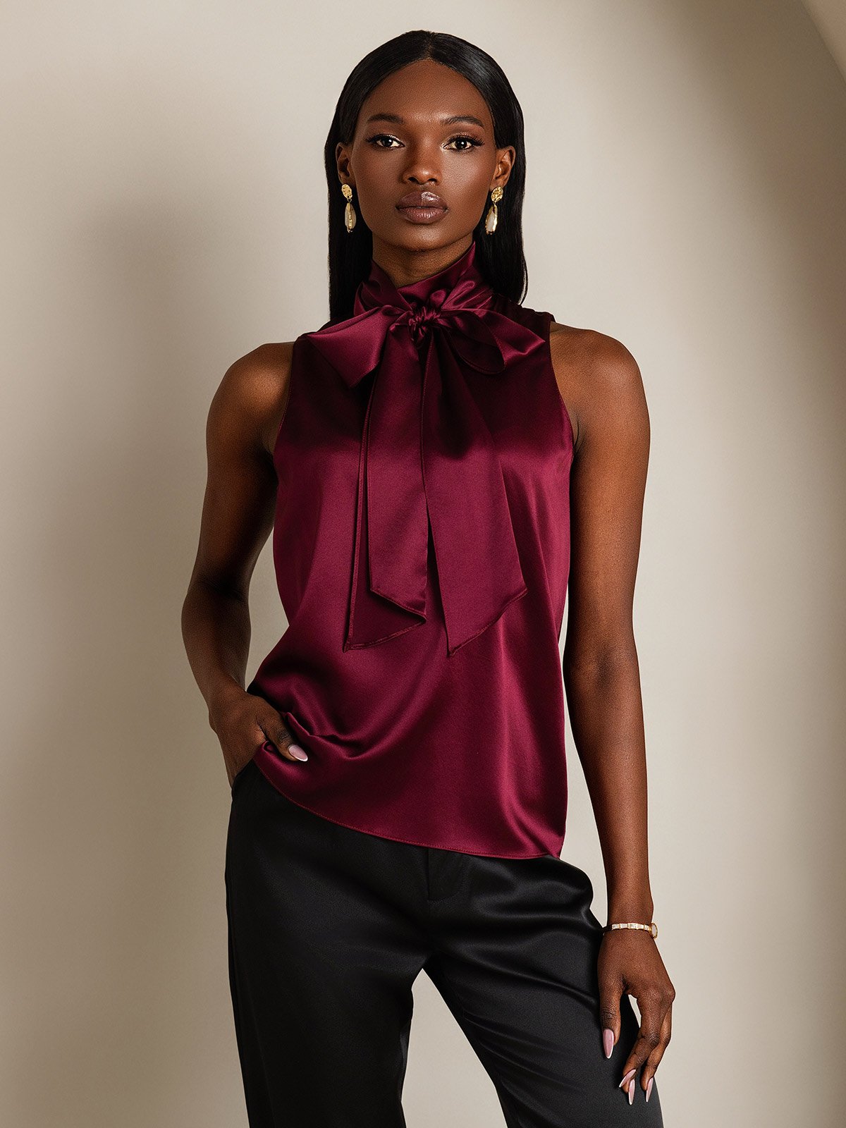 SilkSilky-AU 19Momme Silk Tie Neck Women's Shirt DarkRed 001