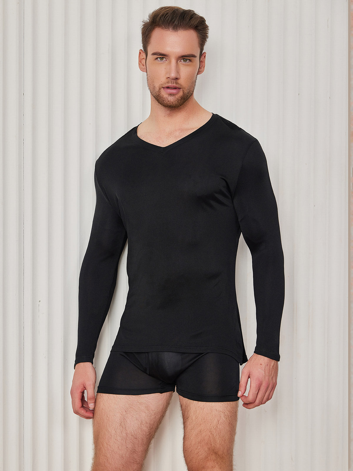 SilkSilky AU Silk Knitted Long Sleeve V Neck Men's T Shirt Black 003