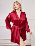 SilkSilky AU Pure Silk Long Sleeve Deep V Neck Plus Size Dressing Gown Wine 003