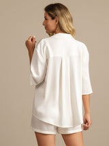 [White] SilkSilky-AU 19Momme Machine-Washable Silk Half Sleeve Notch Collar Women's Pyjamas 002