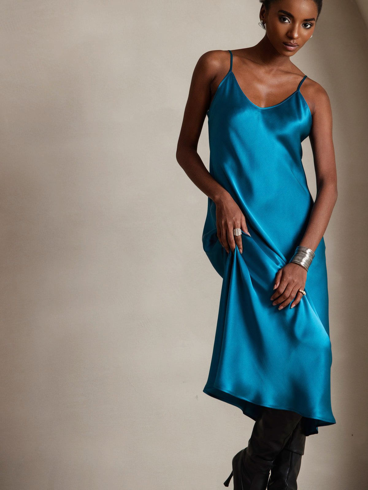 [Teal] SilkSilky-AU Pure Silk Round Neck Dress 003