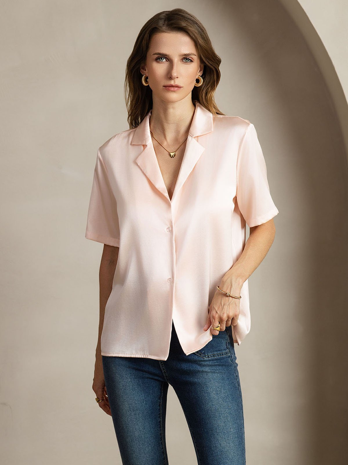 [Pink] SilkSilky-AU 19Momme Silk Notched Neck Women's Shirt 005