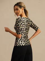 [Leopard] SilkSilky-AU 100% Silk Jersey Half Sleeve Scoop Neck Women's T-Shirt 002