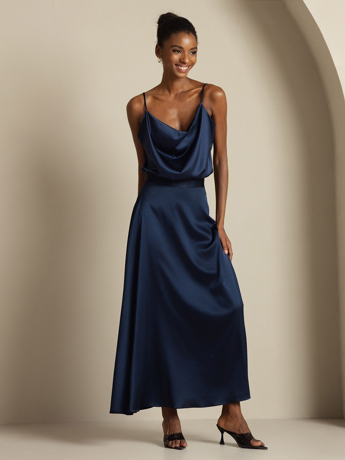 [Dark Blue] SilkSilky-AU 19Momme Silk Knitted Cowl Neck Women''s Outfit Sets 006,